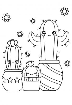 Cute Cactus with Flowers Kawaii Chibi Coloring Page Black and